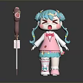 Cartoon Girl With Teal Pigtails And Pink Top Next To Lollipop Shaped Object With Decorations