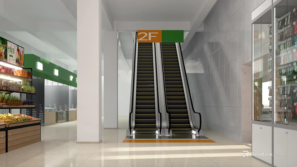 Spacious Supermarket Department Store 2F Escalator Interior With Bright Shopping Area Access 3d model 