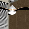Modern Wooden Blade Ceiling Fan Light With White Lampshade Wooden Wall And Window Blinds
