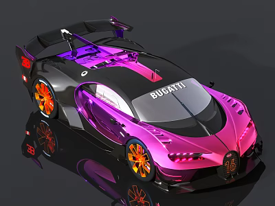 Bugatti Sports Car With Pink and Black Exterior Orange Wheels and Rear Wing 3d model