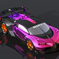 Bugatti Sports Car With Pink and Black Exterior Orange Wheels and Rear Wing