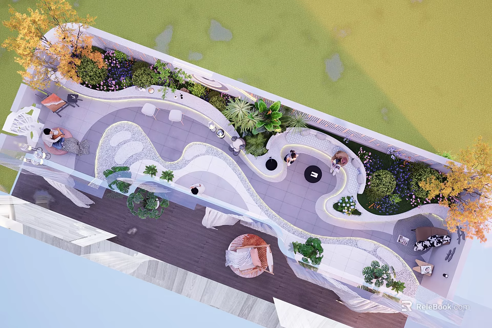 Rooftop Courtyard Garden Design With Various Plants Seating And Leisure Areas 3d model 
