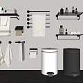 Modern Bathroom Accessories Including Black Shelves Towel Racks Towels Toiletries Tissue Holders And Waste Bins