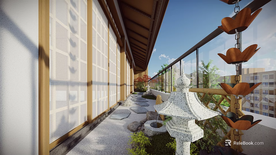 Japanese Style Courtyard Garden With Wooden Structure Shoji Doors Stone Lantern And Pebble Pathway 3d model 