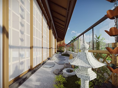 Japanese Style Courtyard Garden With Wooden Structure Shoji Doors Stone Lantern And Pebble Pathway 3d model