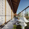 Japanese Style Courtyard Garden With Wooden Structure Shoji Doors Stone Lantern And Pebble Pathway