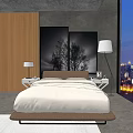 Modern Hotel Room Interior With King Bed Floor to Ceiling Windows and City Night View