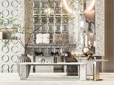 Elegant Modern Coffee Table Interior With Marble Top Metal Legs And Decorative Vases 3d model
