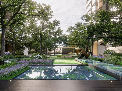 Lush Urban Landscape Garden with Reflecting Pool Purple Flowers and Sculpture 3d model