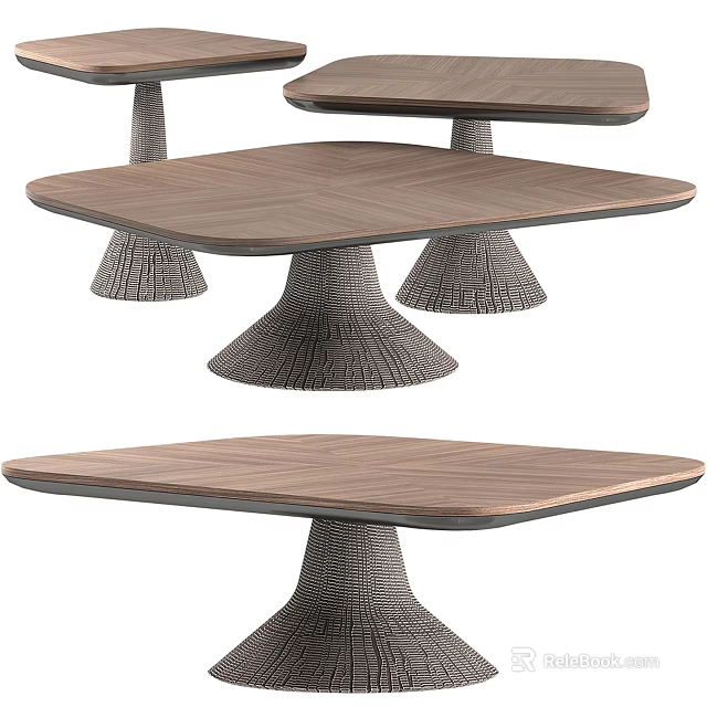 Modern Coffee Table Featuring Wooden Textured Tabletop And Woven Conical Base Design 3d model 