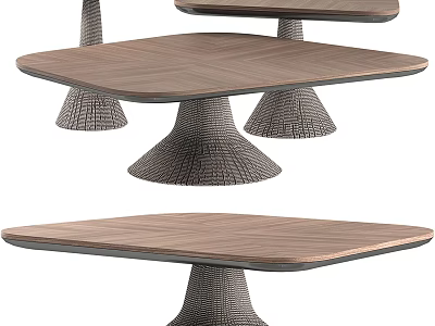 Modern Coffee Table Featuring Wooden Textured Tabletop And Woven Conical Base Design 3d model