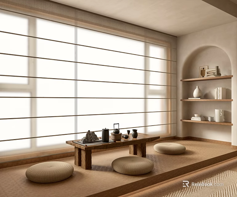 Serene Home Balcony With Tatami Floor Wooden Tea Table Cushions Shutter Windows And Curved Shelves 3d model 