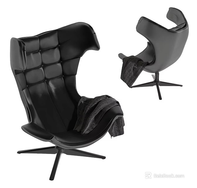 Modern Single Sofa with Leather Upholstery Throw Blanket and Metal Cross Base 3d model 