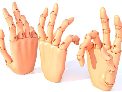 Three Detailed Orange Robotic Hands 3D Model with Mechanical Joints 3d model