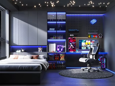 Modern Gaming Entertainment Room With Gaming Chair Computer Neon Lights Bed And Storage Cabinets 3d model