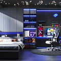 Modern Gaming Entertainment Room With Gaming Chair Computer Neon Lights Bed And Storage Cabinets