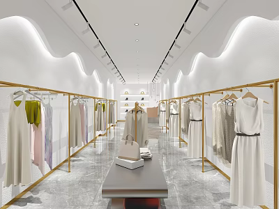 Modern Clothing Store Interior Design With Clothes on Racks Display Table Handbags And Lighting 3d model