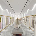 Modern Clothing Store Interior Design With Clothes on Racks Display Table Handbags And Lighting