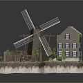 Dutch Style Multi Story Building With Windmill Fenced Area Plants And Red Car