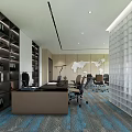 Modern Office Interior With Conference Table World Map Wall Decor And Bookshelves 3d model