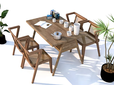 Mid-ancient style dining table and chair combination potted plant 3d model