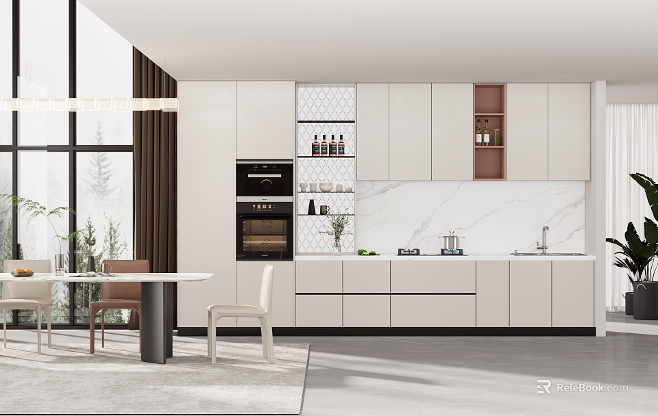 Modern Kitchen Interior With White Cabinets Marble Backsplash Built In Appliances And Decorative Plants 3d model 