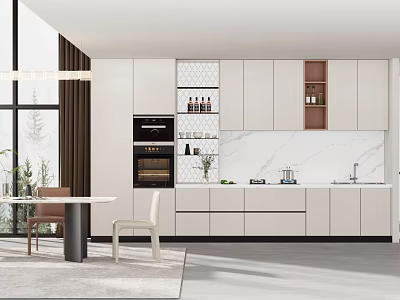 Modern Kitchen Interior With White Cabinets Marble Backsplash Built In Appliances And Decorative Plants 3d model