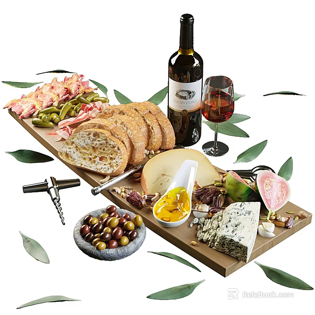 Tasty Charcuterie Board with Prosciutto Bread Cheese Olives Figs Nuts and Red Wine Glass 3d model 