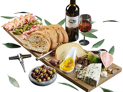 Tasty Charcuterie Board with Prosciutto Bread Cheese Olives Figs Nuts and Red Wine Glass 3d model