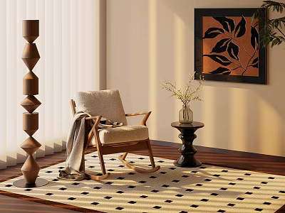 Cozy Living Room Interior With Rocking Chair Tall Floor Lamp And Patterned Rug 3d model
