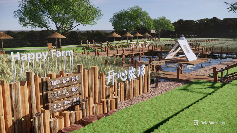Picturesque Rural Landscape of Happy Farm with Wooden Fence Thatched Umbrellas Wooden Walkways and Pond 3d model 