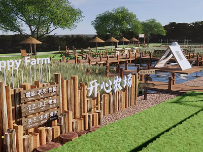 Picturesque Rural Landscape of Happy Farm with Wooden Fence Thatched Umbrellas Wooden Walkways and Pond 3d model