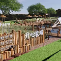 Picturesque Rural Landscape of Happy Farm with Wooden Fence Thatched Umbrellas Wooden Walkways and Pond