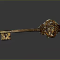 Ornate Antique Key With Intricate Carvings And Golden Brown Finish On Dark Reflective Background