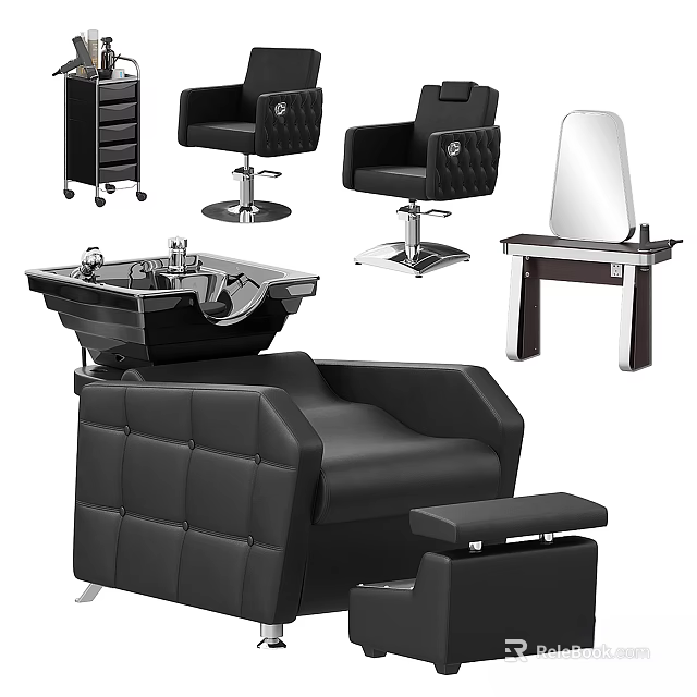 Modern Salon Equipment Including Barber Chairs Shampoo Stations Mirrors And Trolleys 3d model 