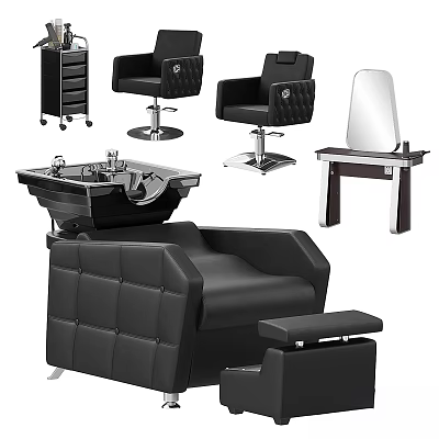 Modern Salon Equipment Including Barber Chairs Shampoo Stations Mirrors And Trolleys 3d model