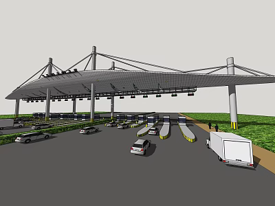 Toll Station Featuring Multiple Lanes Large Canopy Structure And Vehicles In Traffic Flow 3d model