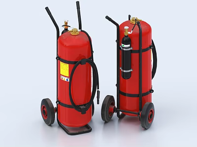 Fire Equipment Featuring Red Wheeled Fire Extinguishers With Black Handles And Rubber Wheels 3d model