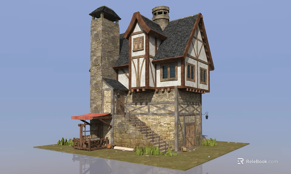 Medieval Half Timbered House With Stone Walls Tower Chimney Black Roof And Red Awning 3d model 