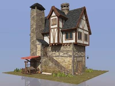 Medieval Half Timbered House With Stone Walls Tower Chimney Black Roof And Red Awning 3d model