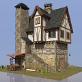 Medieval Half Timbered House With Stone Walls Tower Chimney Black Roof And Red Awning