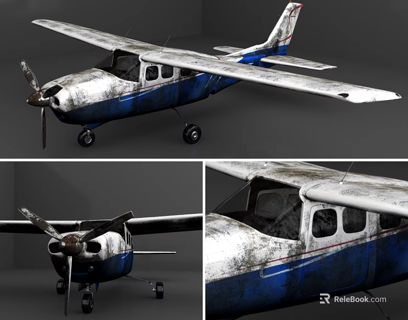 Old Worn Blue And White Propeller Airplane Exterior Design Details 3d model 
