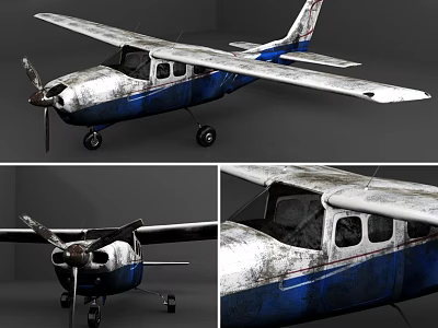 Old Worn Blue And White Propeller Airplane Exterior Design Details 3d model