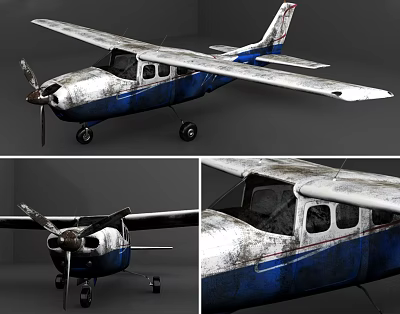 Old Worn Blue And White Propeller Airplane Exterior Design Details 3d model