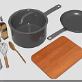 Essential Kitchen Living Supplies With Pots Frying Pan Wooden Cutting Board Oil Bottles Whisk And Spoons