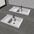 Modern White Washbasins On Gray Tiered Counter With Faucets And Window Blinds