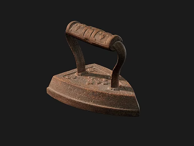 Vintage Cast Iron Clothes Iron With Wooden Handle For Daily Use 3d model