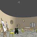 Kindergarten Interior With Cloud Pendant Lights Colorful Walls And Giraffe Decoration