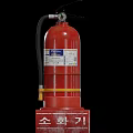 Red Fire Extinguisher With Yellow Strap And Korean Label On Red Stand