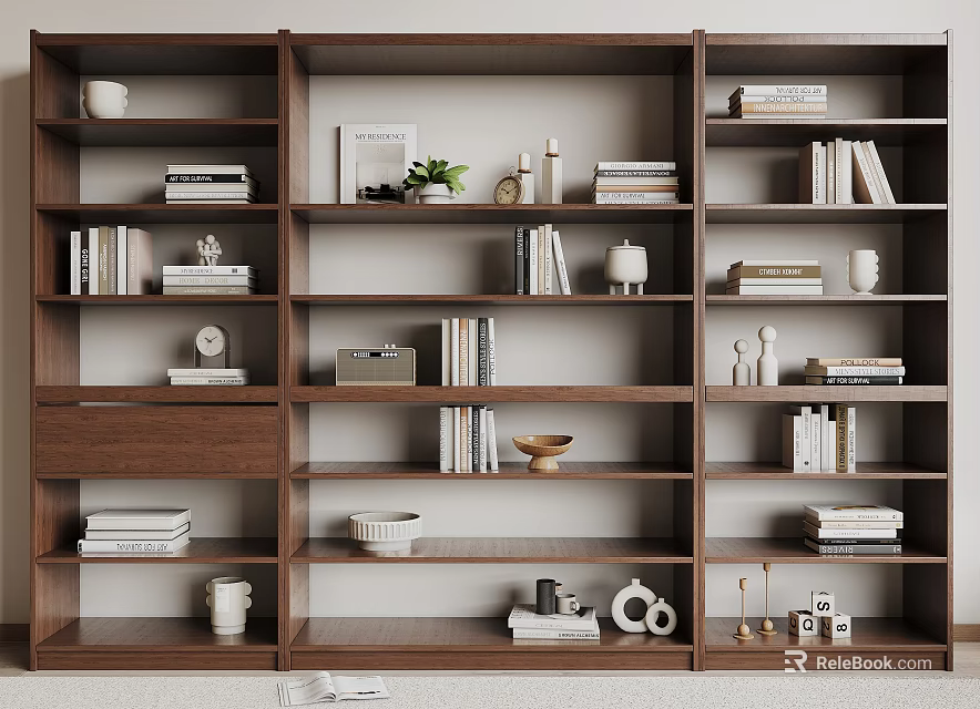 Wooden Shelf Unit With Books Decorative Items Plants Ornaments And Storage Bowls 3d model 